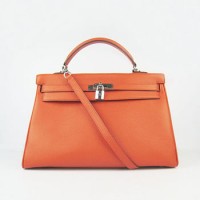 Hermes Kelly 35Cm Togo Leather Handbag Orange/Silver